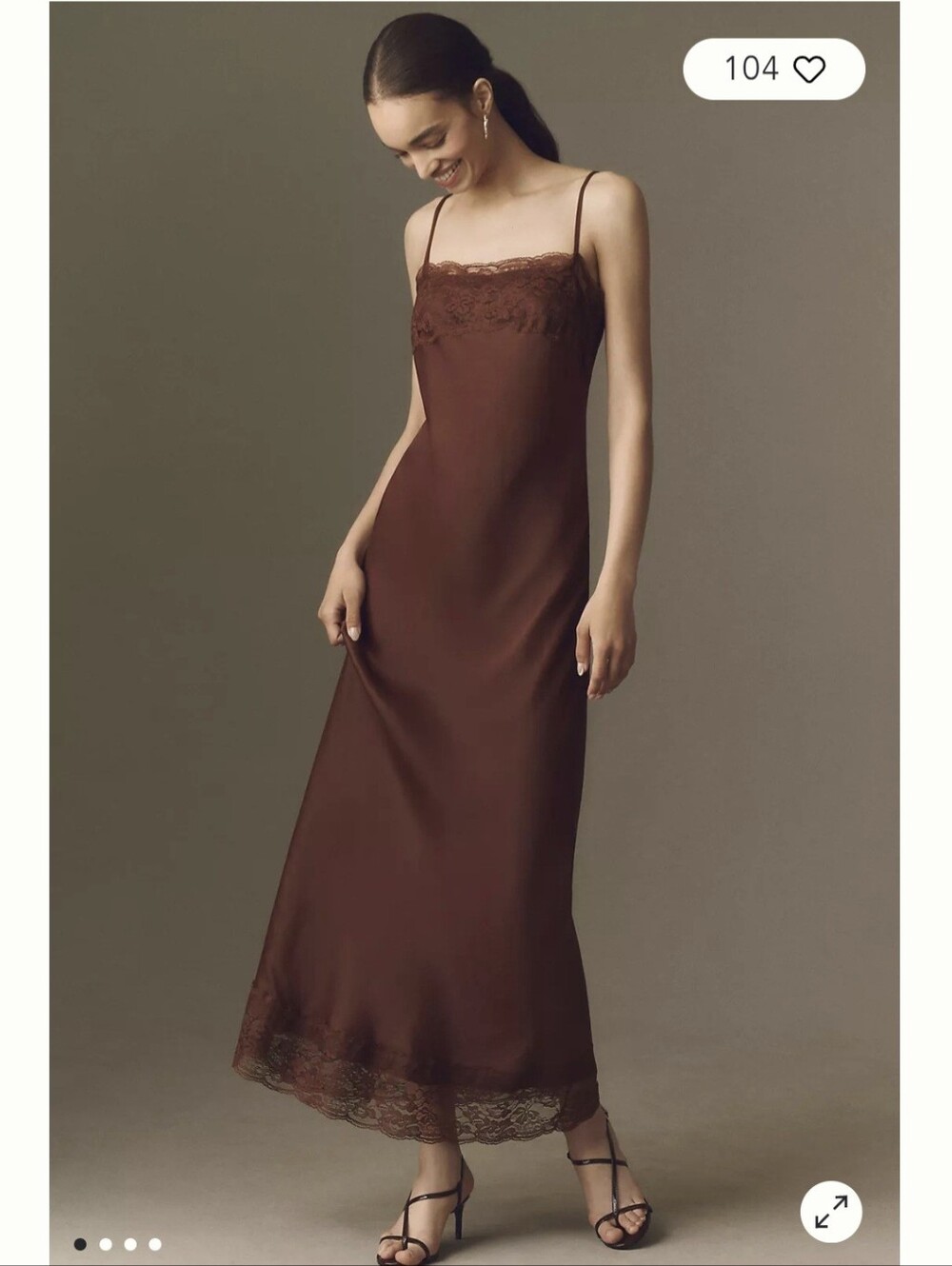 BHLDN Brown Lace-Trim Satin Maxi Dress S $198